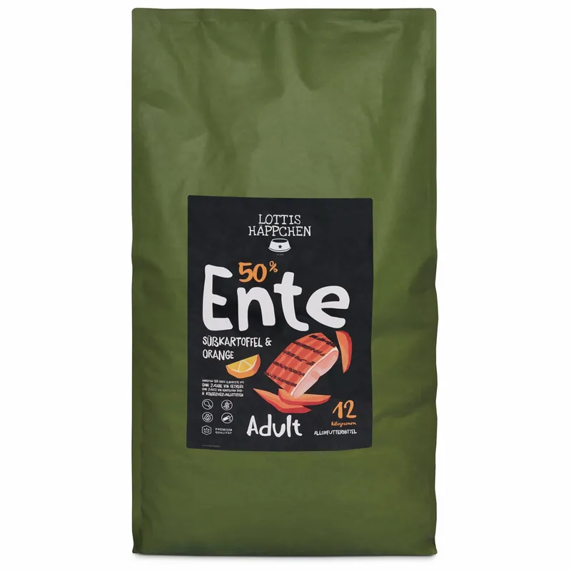 Echt Sparpaket 2 x 12 kg Lottis Häppchen 50 % Ente, Süßkartoffel & Orange Adult Hunde Trockenfutter
